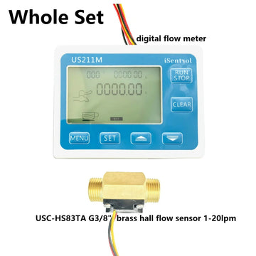 The complete package contents including the digital display, brass sensor, and user manual.